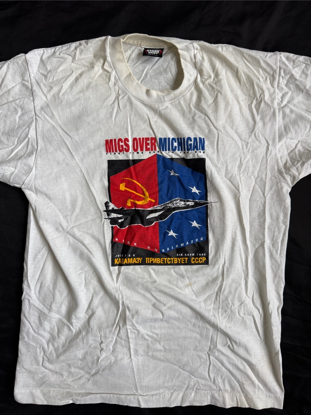 90s Men's White Graphic 'Migs Over Michigan' Crewneck T-Shirt
